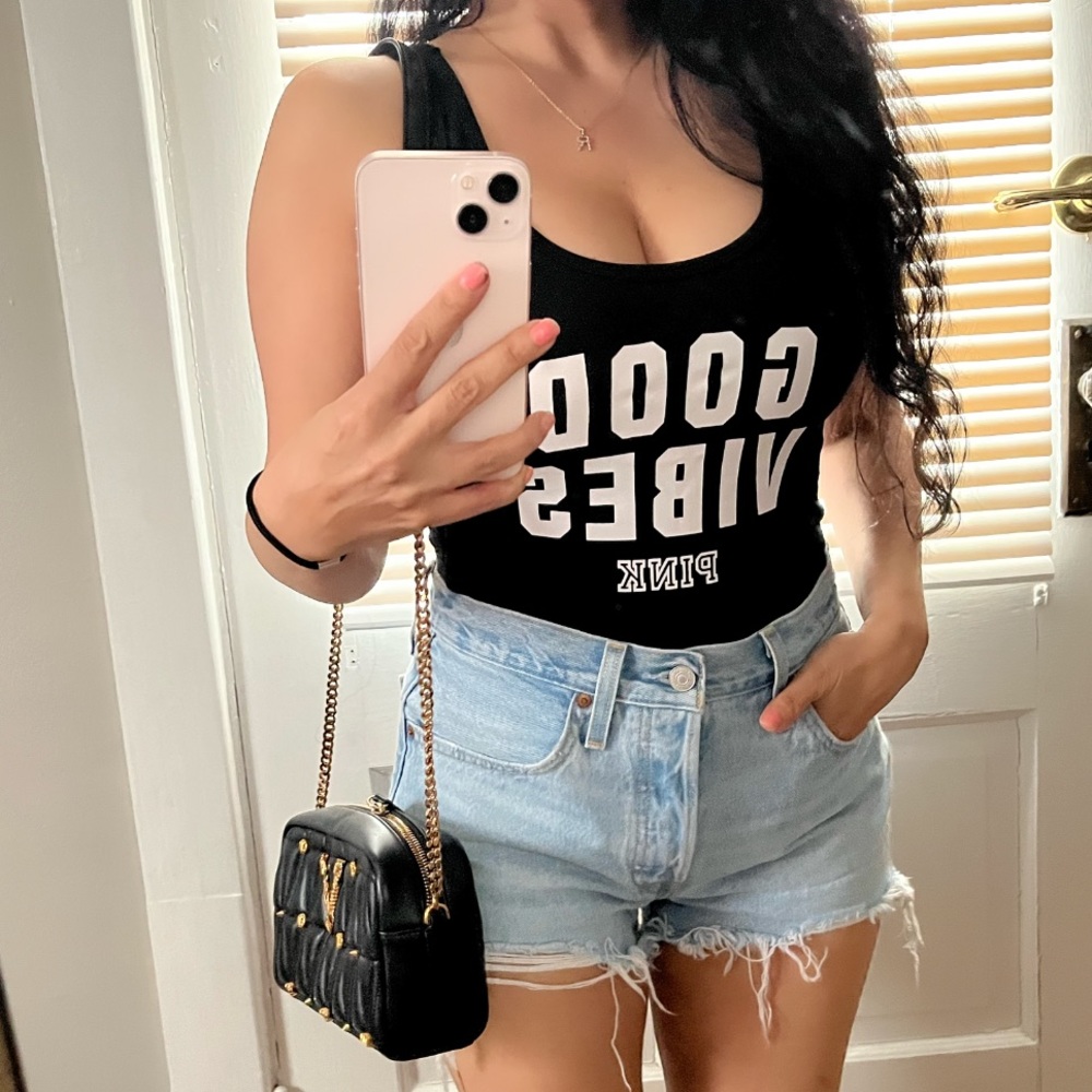 Victoria’s Secret Good vibes pink bodysuit tank so cute size xs black white top